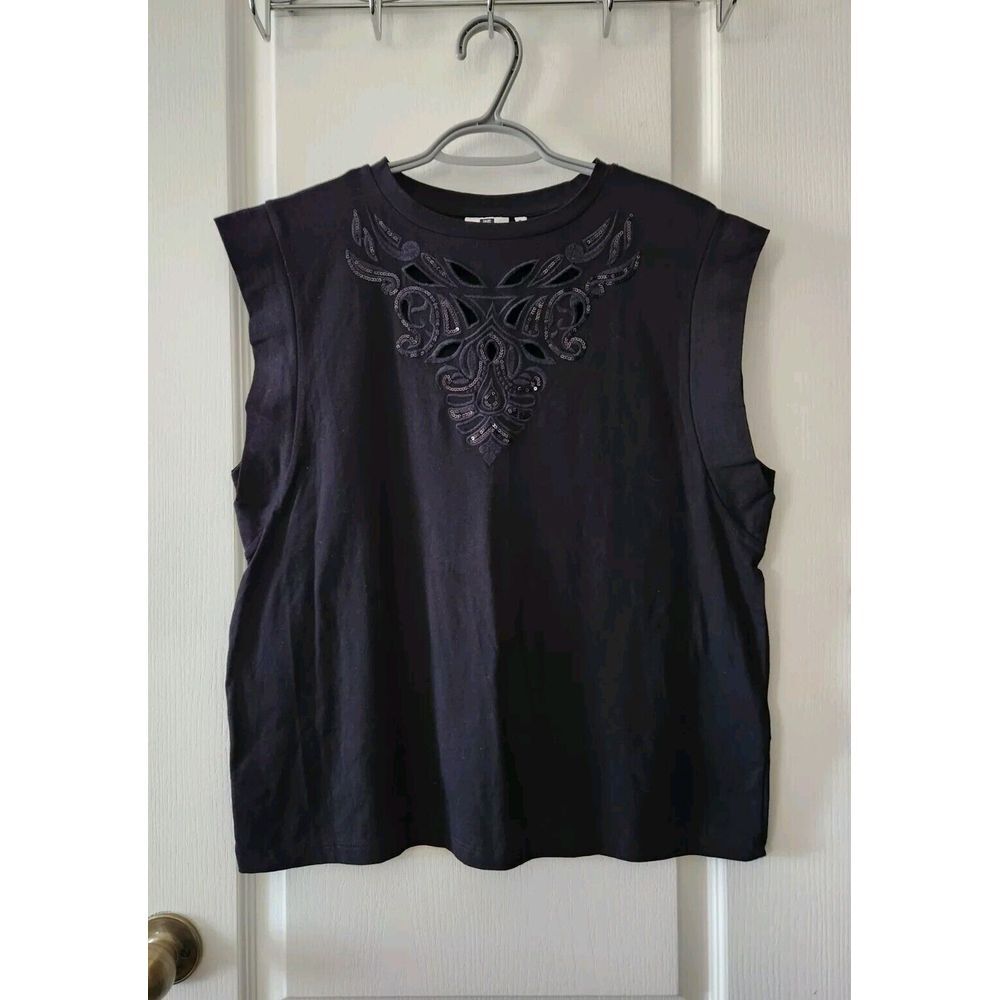 WE Fashion Women's Open Embroidered Sleeveless‎ Top Cotton Black Size M